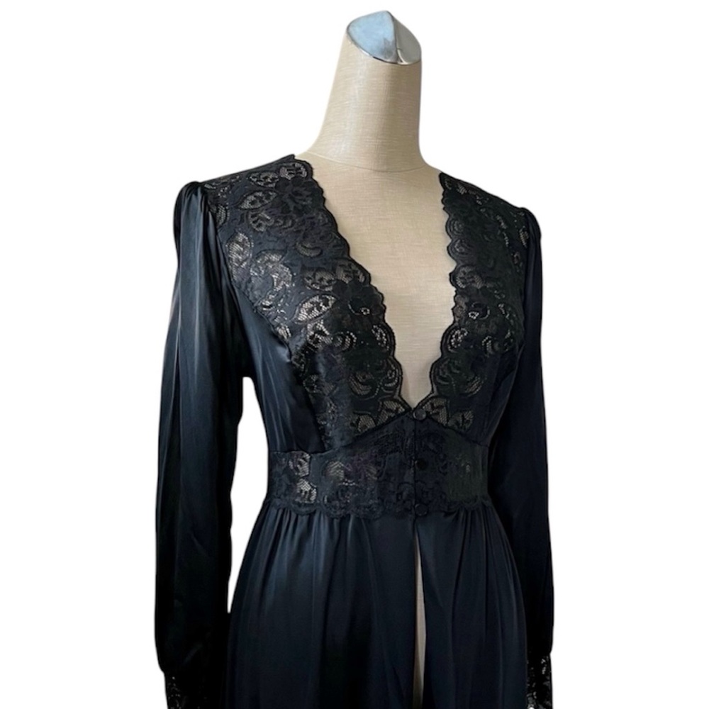 Shadowline Peignor Dressing Robe Lace Silky Nylon Romantic Goth Feminine Large - Picture 3 of 11